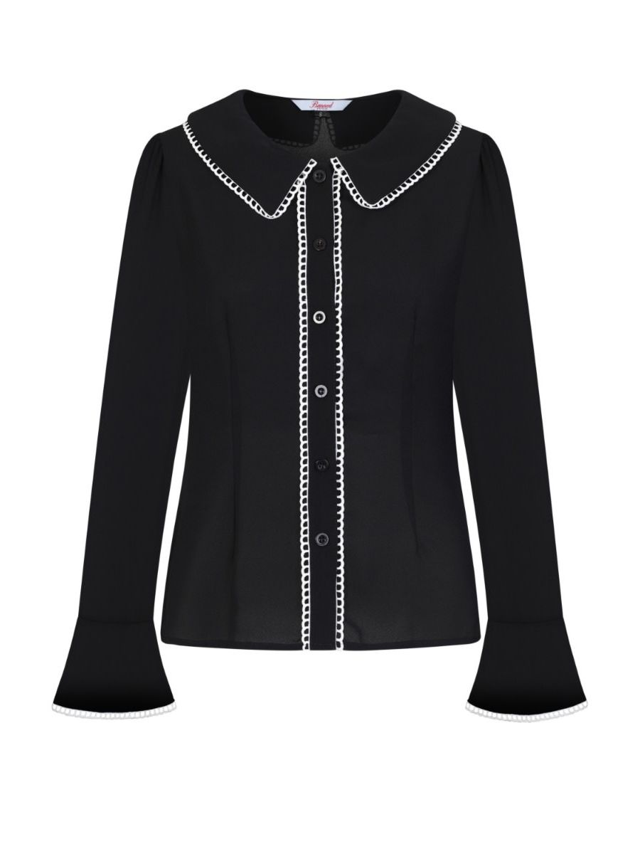 Banned Retro 1950's Hannah Peter Pan Lattice Trim Collar Bell Sleeve Vintage Blouse Black