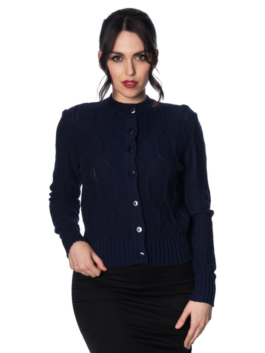 Banned Retro 1950's Midnight Daze Diamond Knit Vintage Cardigan Navy