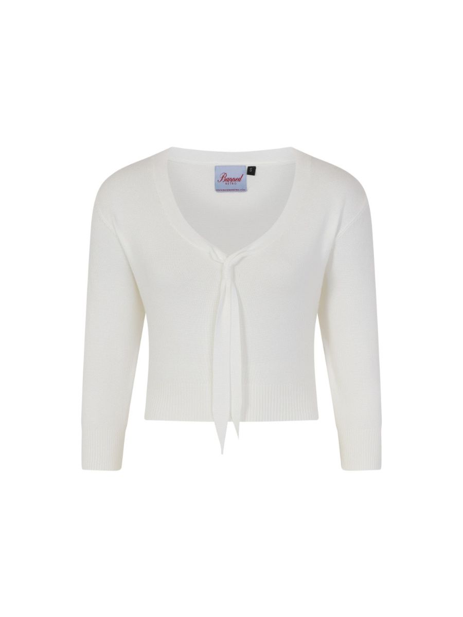 Banned Retro Pussy Bow Crop Knit Top White