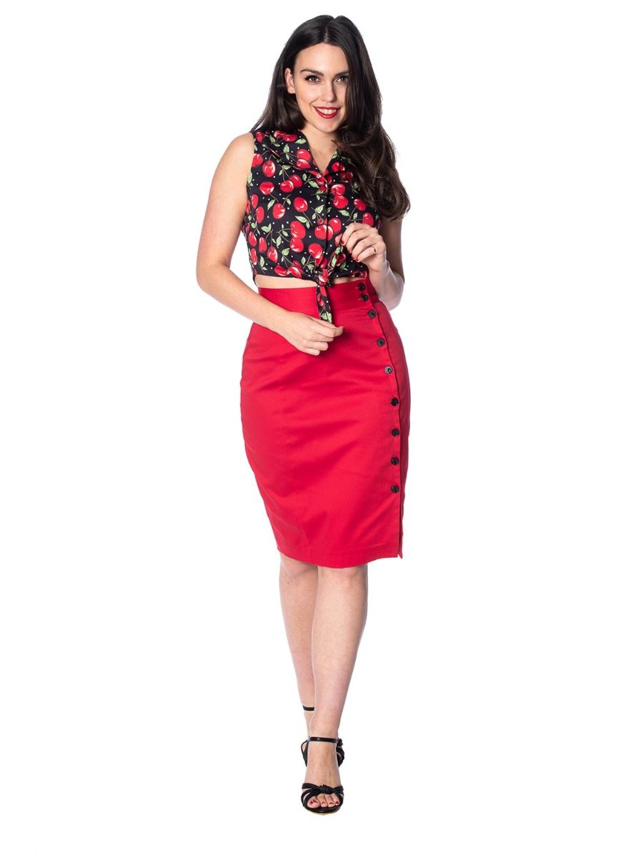 Banned Retro 1950's Cherry Soda Tie Up Crop Top Blouse Black