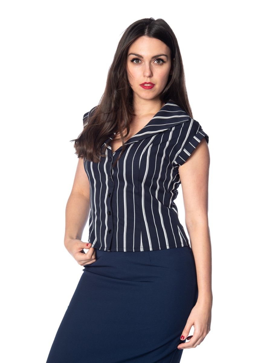 Banned Retro 1920's Deckchair Stripe Rita Blouse Navy