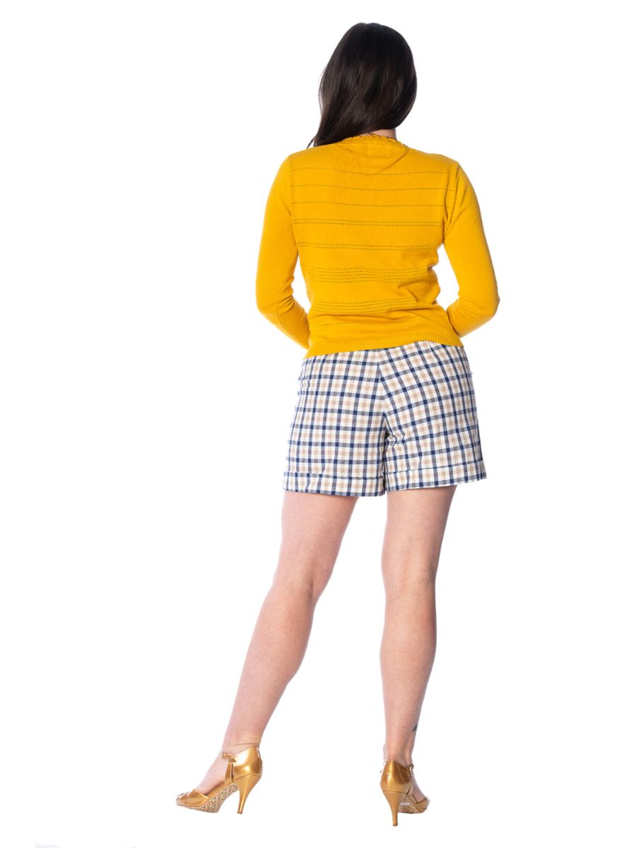 Banned Retro 1950's Pointelle Scalloped Perforated V-Neck Vintage Cardigan Mustard Yellow