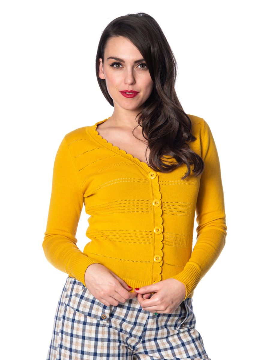 Banned Retro 1950's Pointelle Scalloped Perforated V-Neck Vintage Cardigan Mustard Yellow