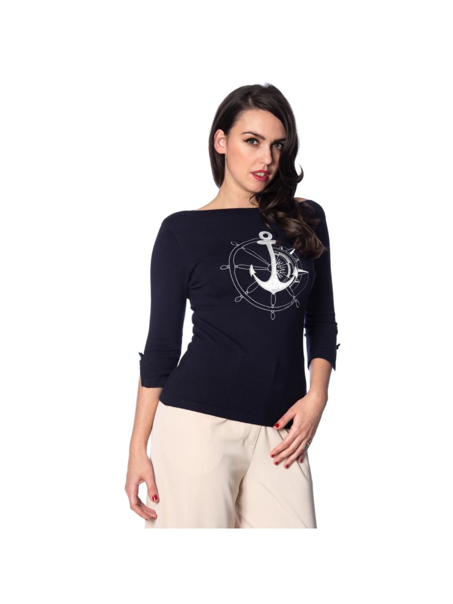 Banned Retro 1950's Anchors Away Knit Vintage Dorothy Nautical Top Navy