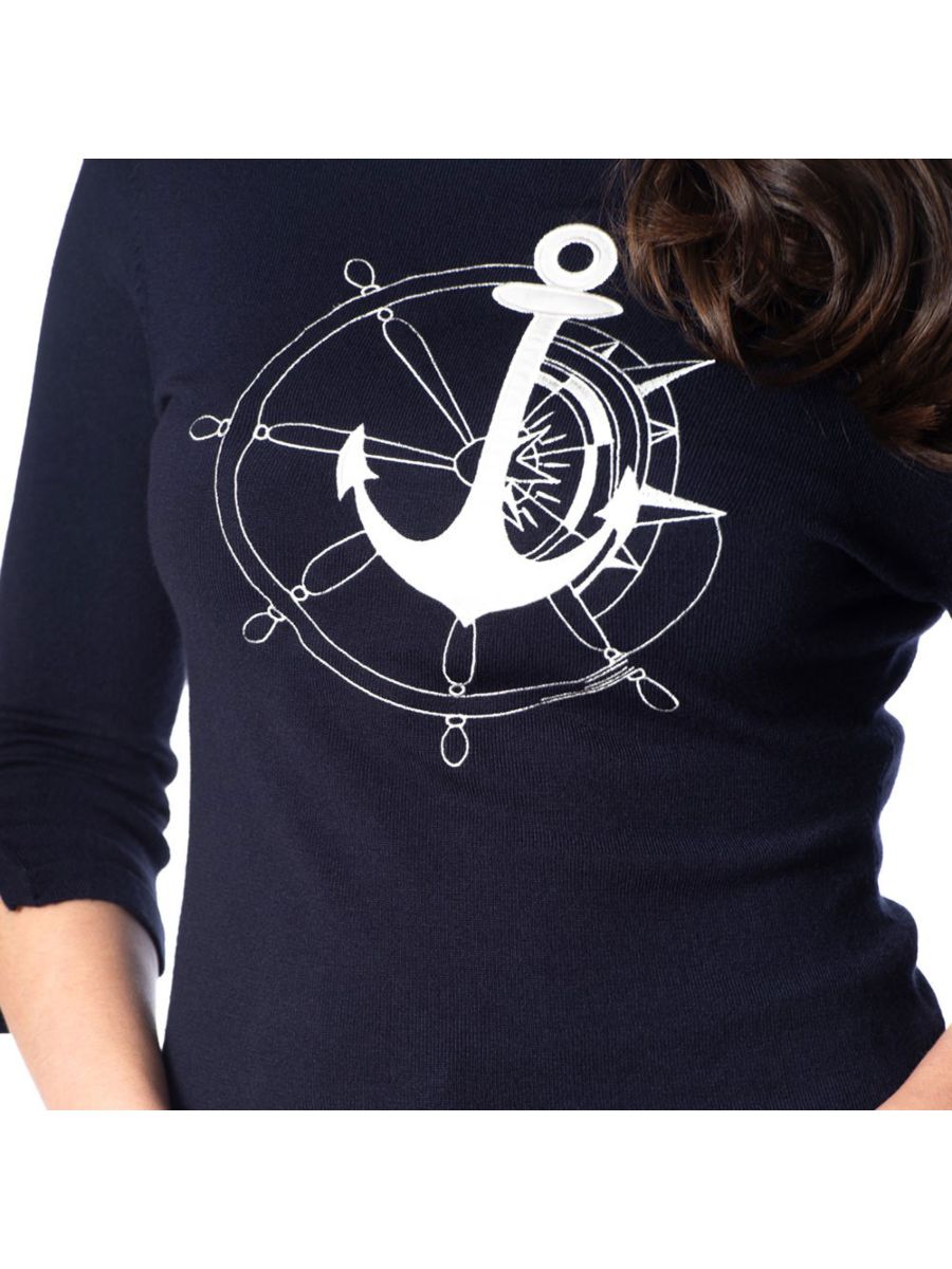 Banned Retro 1950's Anchors Away Knit Vintage Dorothy Nautical Top Navy