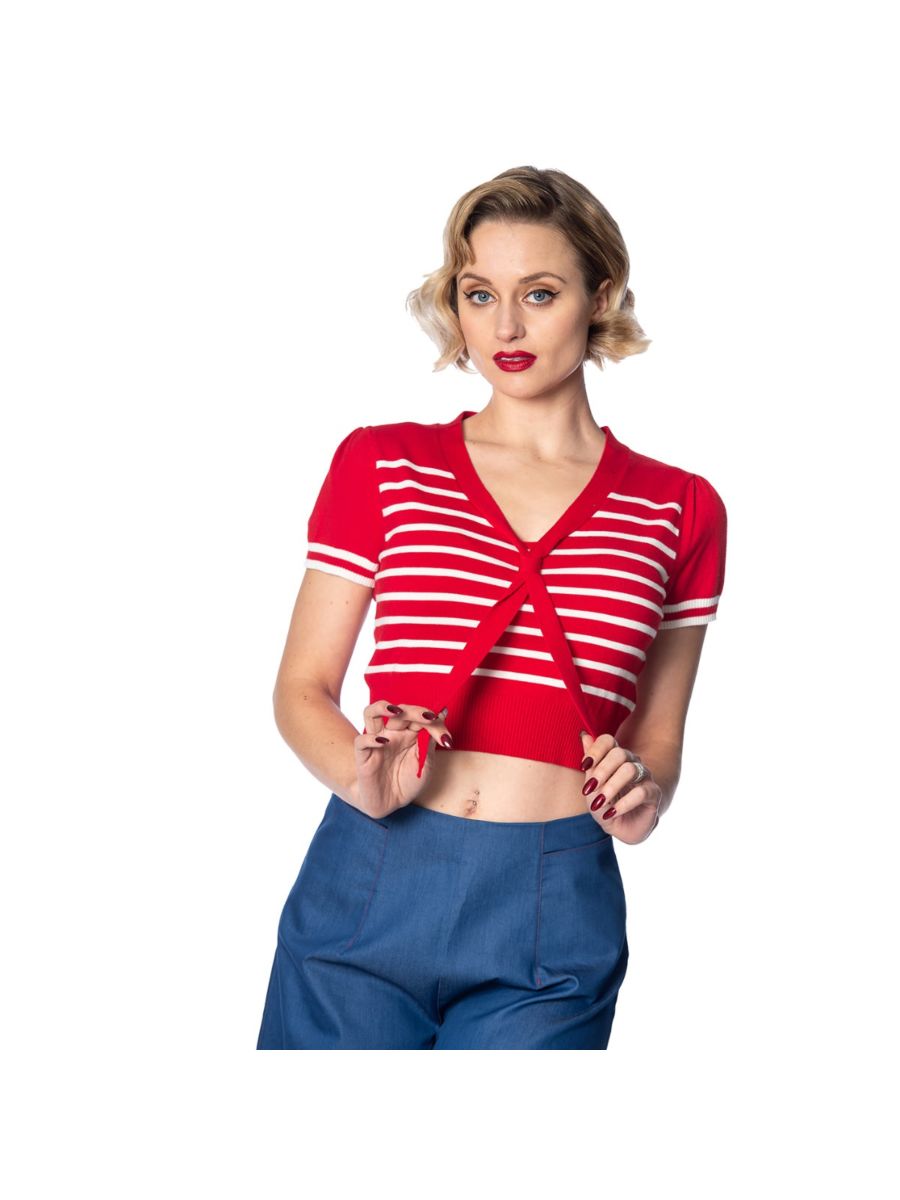 Banned Retro 1950's Sailor Stripe Nautical Crop Knit Top Red
