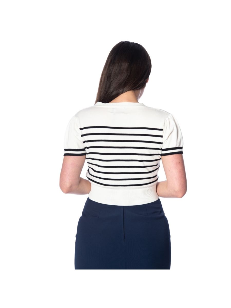 Banned Retro 1950's Sailor Stripe Nautical Crop Knit Top Off White
