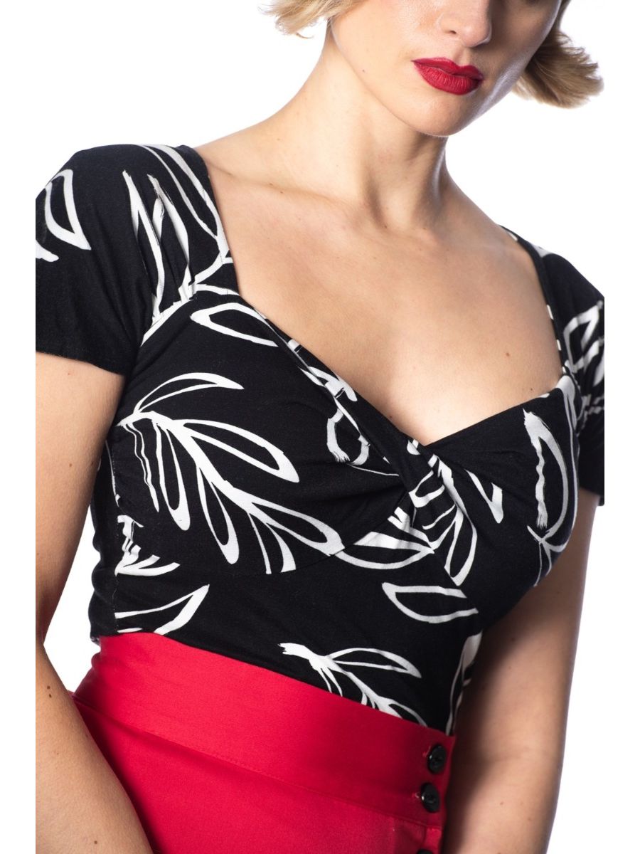 Banned Retro 1950's Palm Twist Floral Wrap Top Black