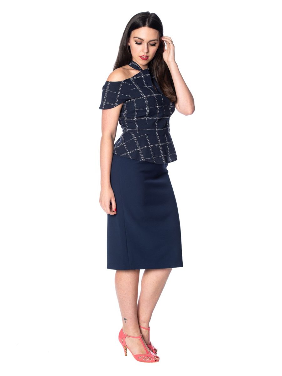 Banned Retro 1950's Chill Checks Peplum Keyhole Halter Neck Vintage Top Navy