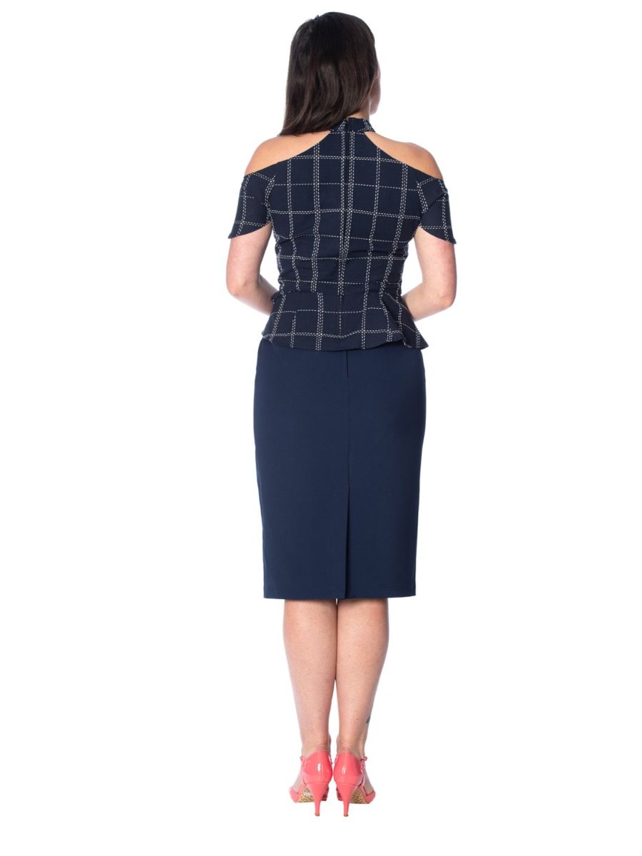 Banned Retro 1950's Chill Checks Peplum Keyhole Halter Neck Vintage Top Navy
