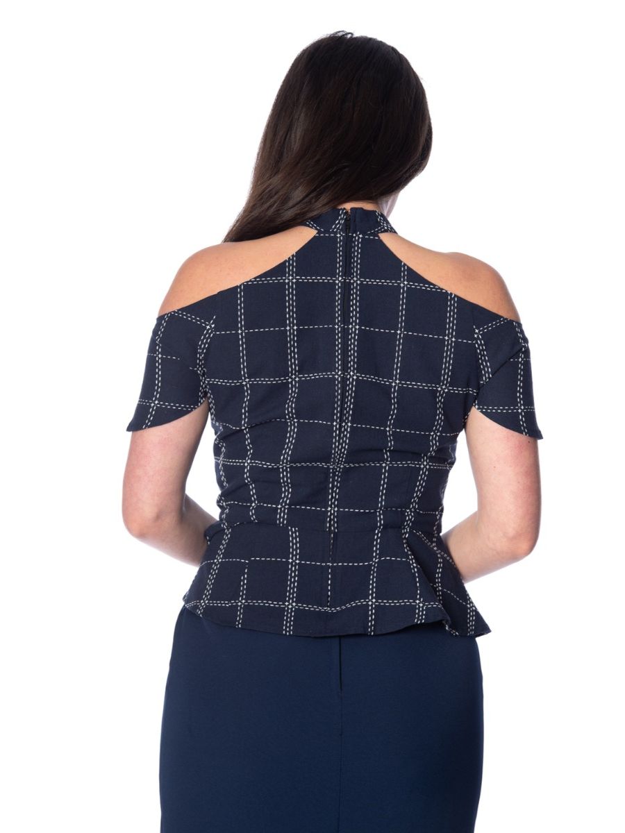 Banned Retro 1950's Chill Checks Peplum Keyhole Halter Neck Vintage Top Navy