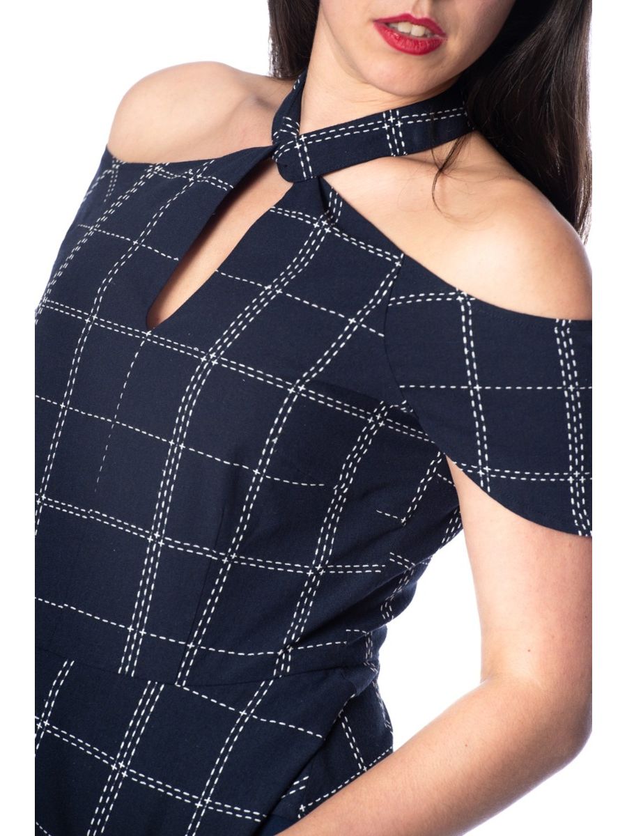 Banned Retro 1950's Chill Checks Peplum Keyhole Halter Neck Vintage Top Navy