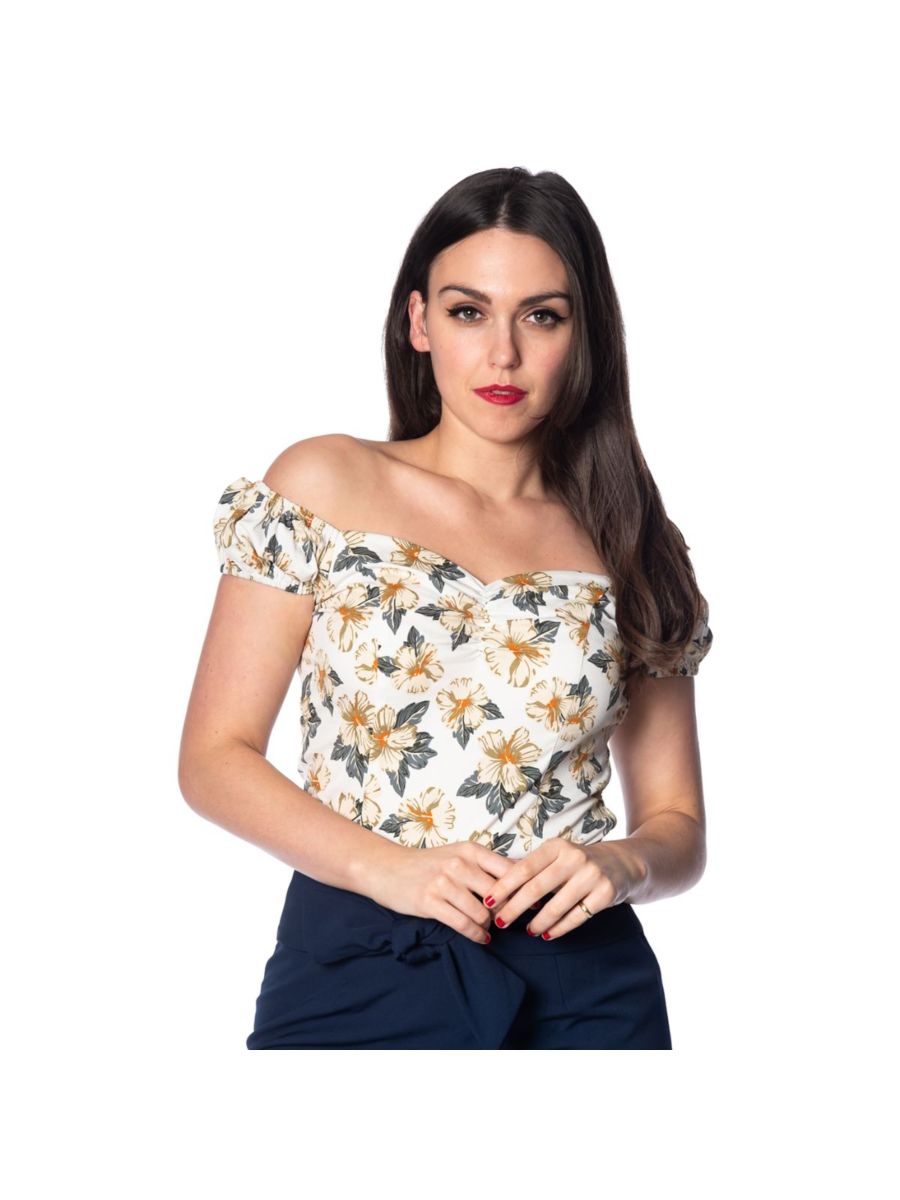 Banned Retro Beach Babe Floral Vintage Off Shoulder Top White