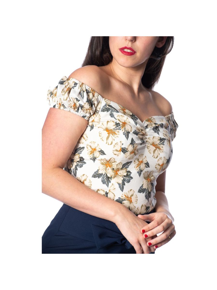 Banned Retro Beach Babe Floral Vintage Off Shoulder Top White