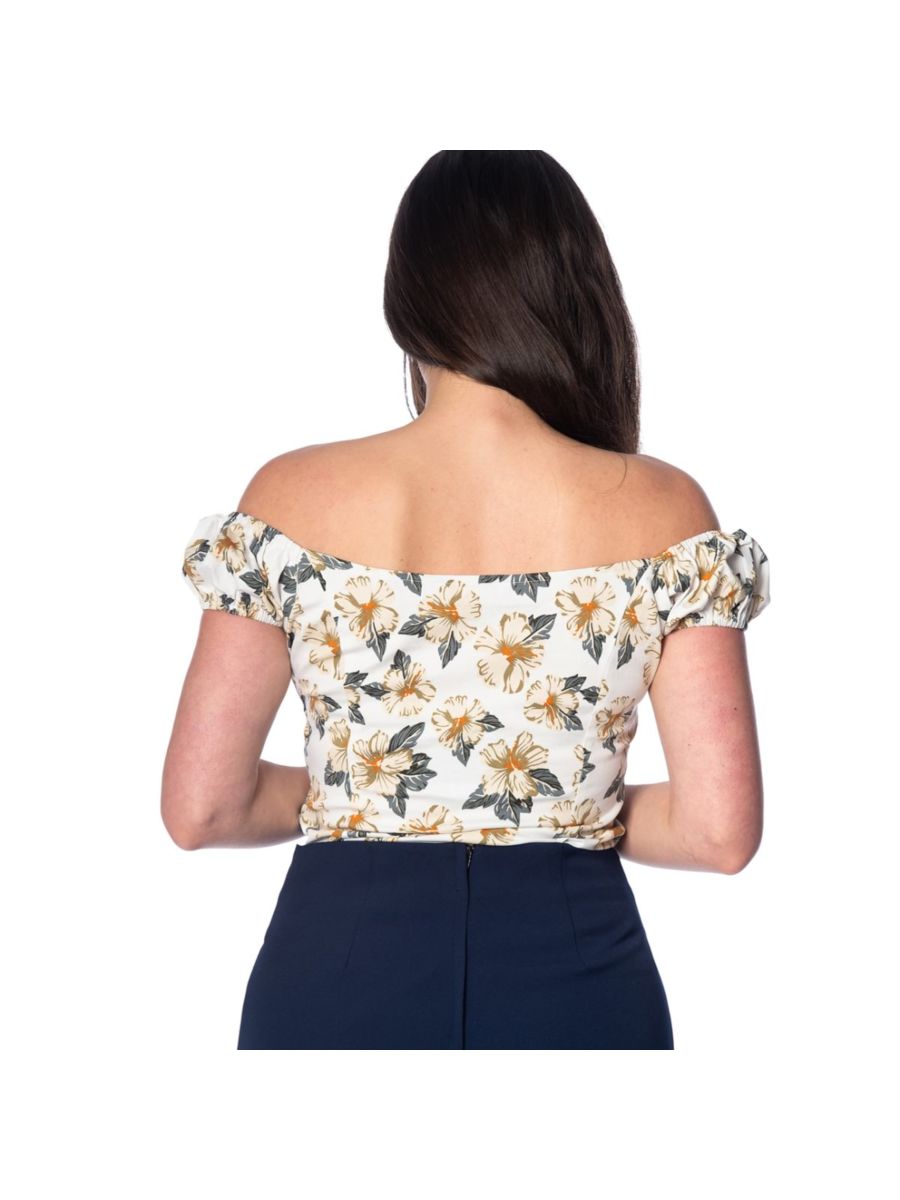 Banned Retro Beach Babe Floral Vintage Off Shoulder Top White