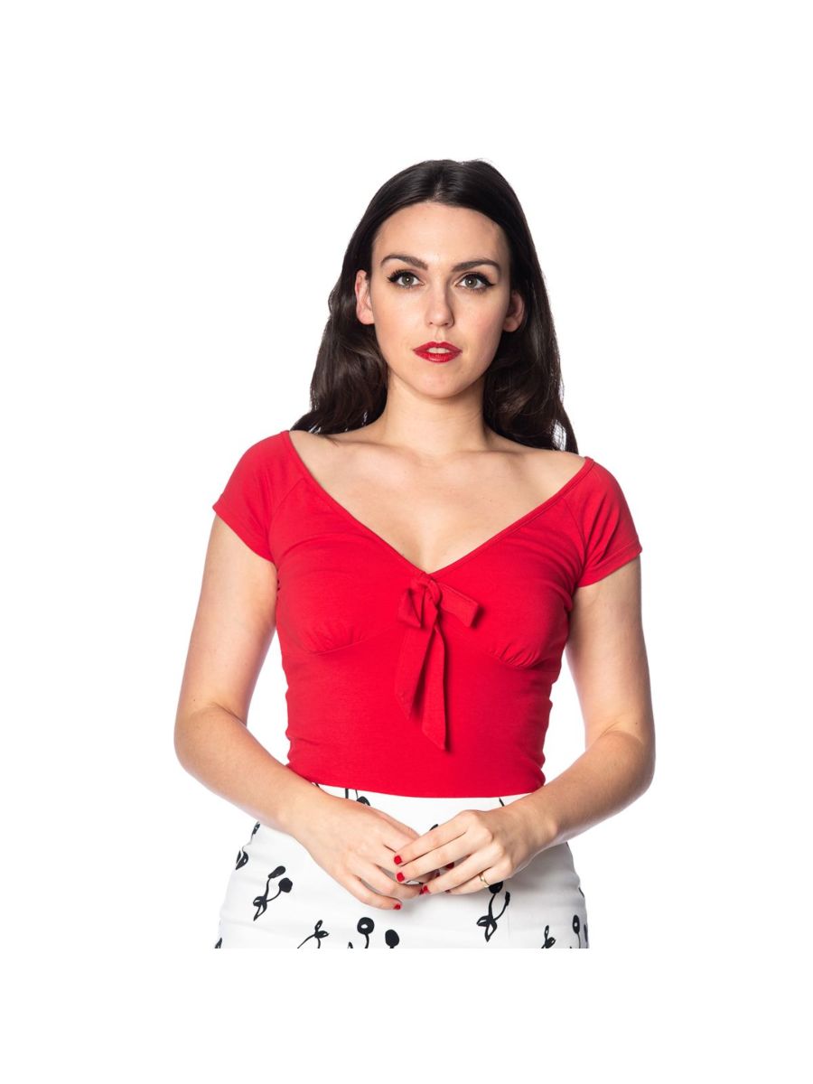 Banned Retro 1950's Bow Wow V-Neck Vintage Top Red