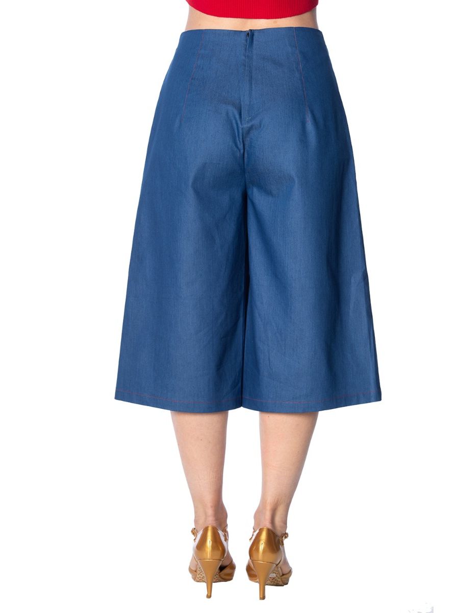 Banned Retro Happy Summer Wide Leg High Waist Culottes Denim Blue