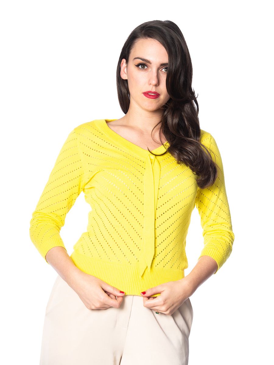 Banned Retro Charlie Chevron Perforated Vintage Knit Top Yellow