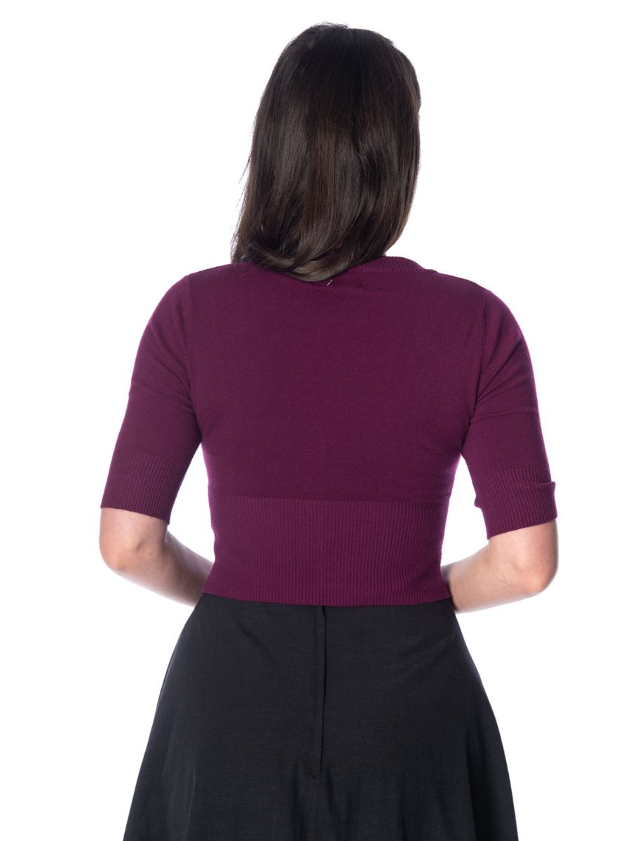 Banned Retro 1950's Overload V-Neck Cropped Vintage Cardigan Aubergine
