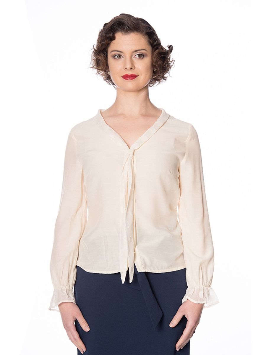 Banned Retro 1950's The Betty Ruffle Vintage Bell Sleeve Blouse Cream