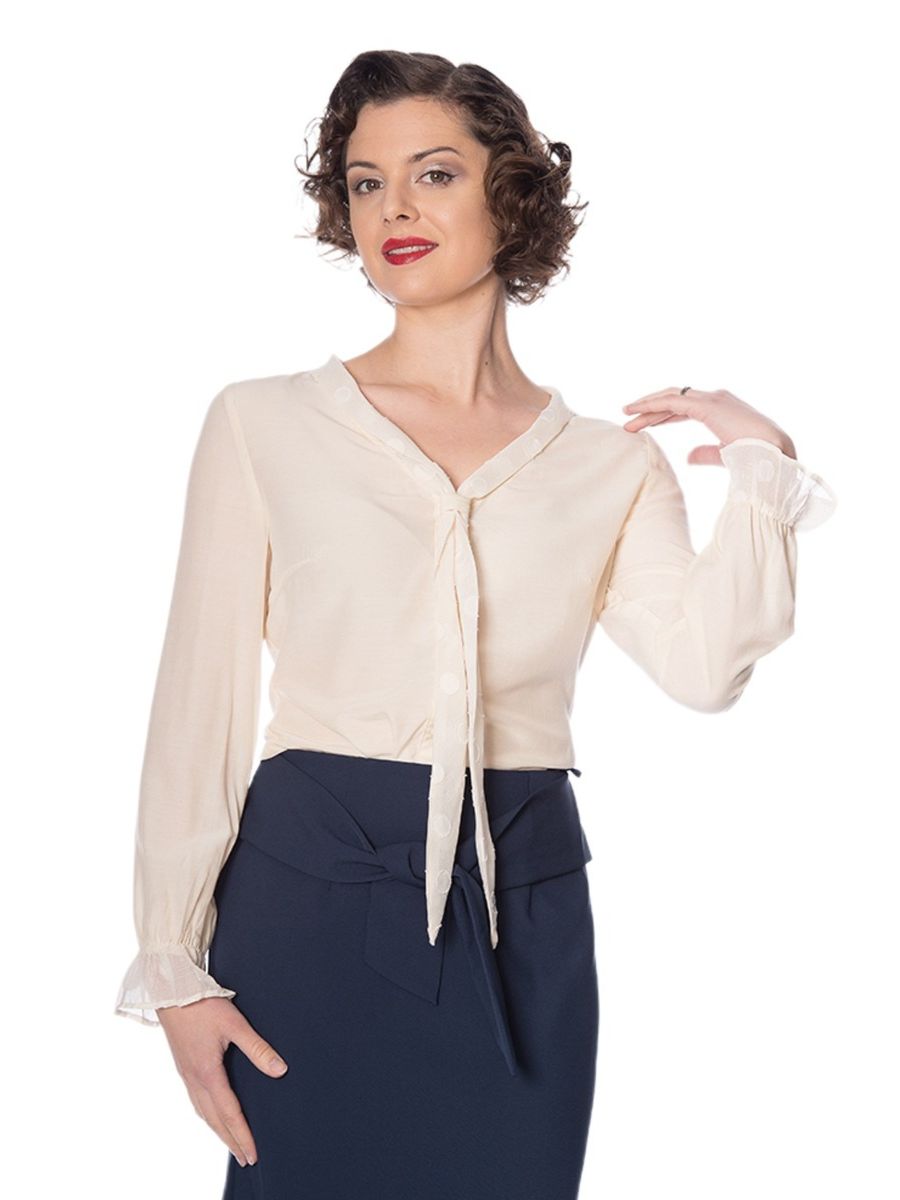 Banned Retro 1950's The Betty Ruffle Vintage Bell Sleeve Blouse Cream