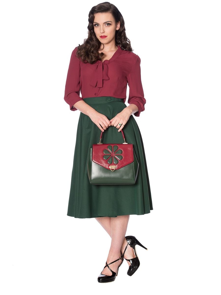 Banned Retro 1950's Perfect Pussy Bow Vintage Bell Sleeve Blouse Burgundy