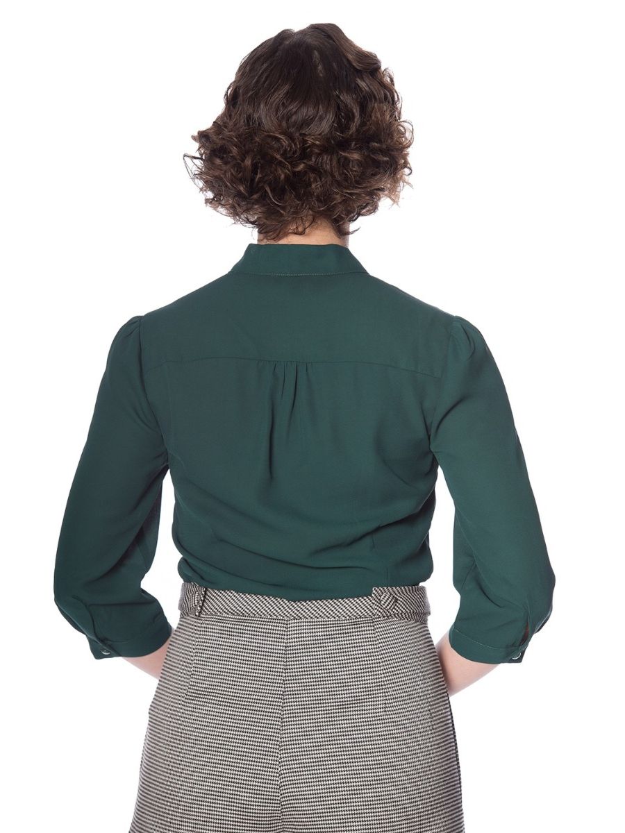 Banned Retro 1950's Perfect Pussy Bow Vintage Bell Sleeve Blouse Green