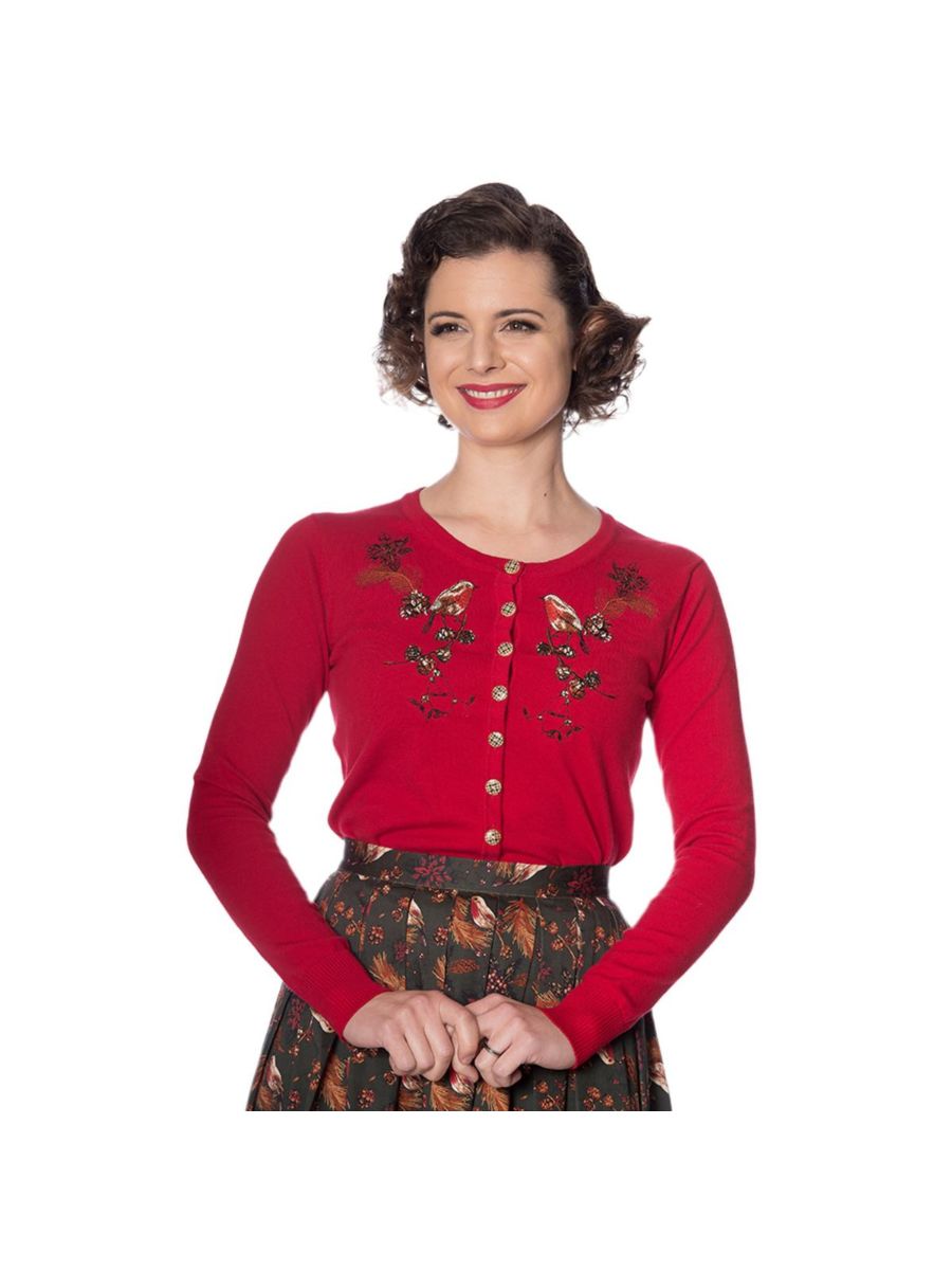 Banned Retro 1950's Rockin Robin Christmas Embroidery Vintage Gina Cardigan Red
