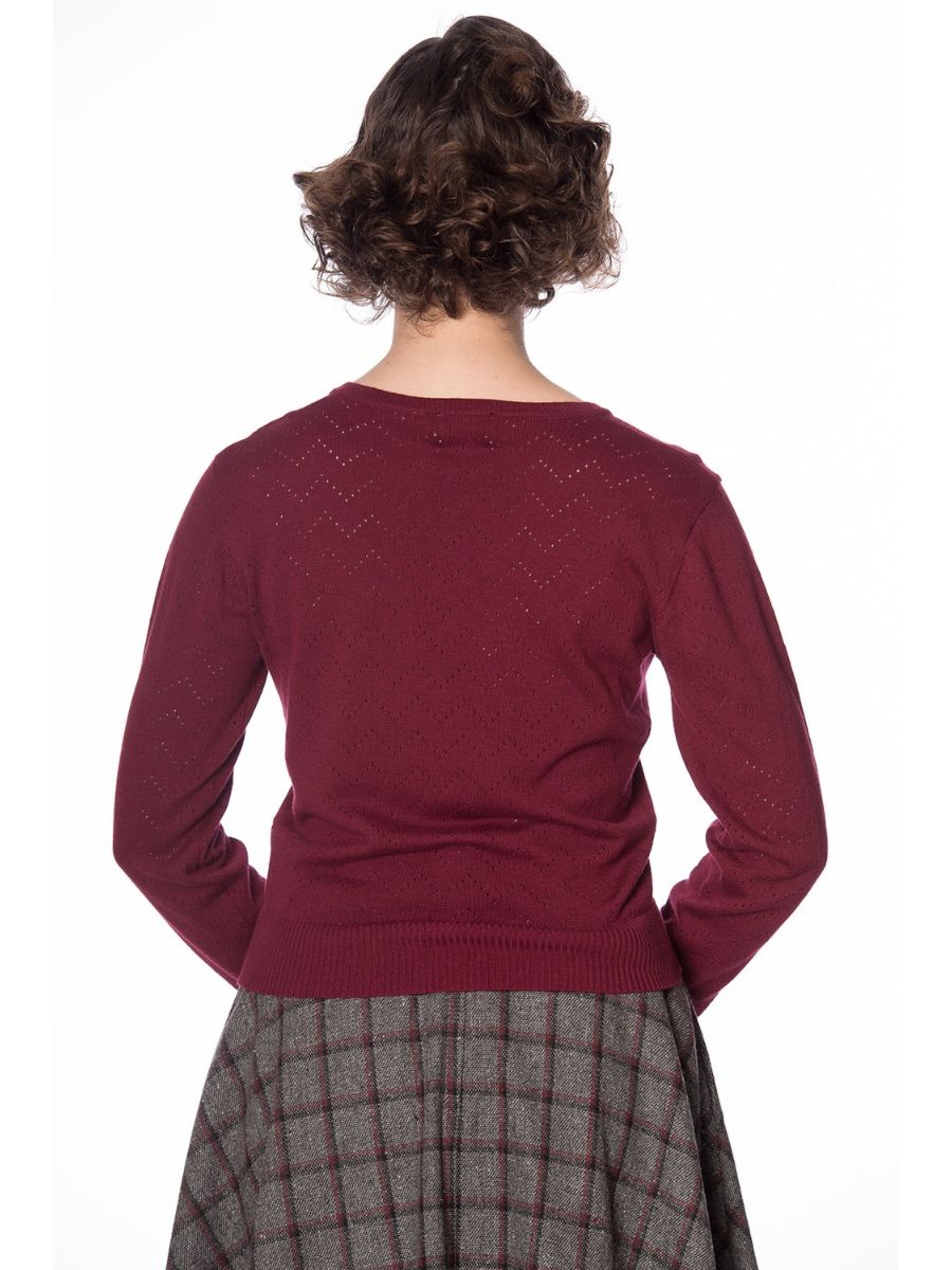 Banned Retro 1950's Pointelle Vintage Mara Knit Cardigan Aubergine
