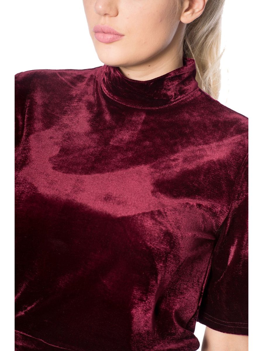 Banned Retro 90's Velour Vintage Turtle Neck Crop Top Burgundy 