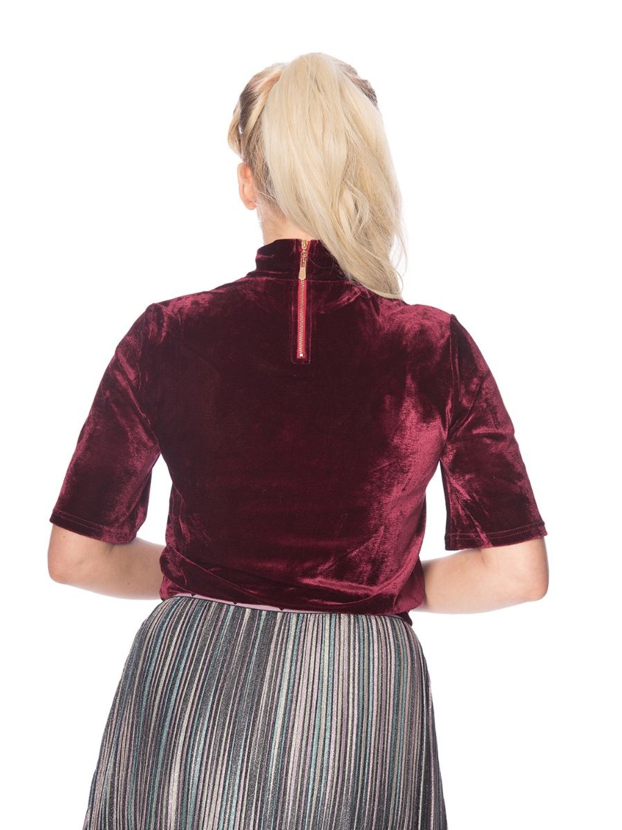 Banned Retro 90's Velour Vintage Turtle Neck Crop Top Burgundy 