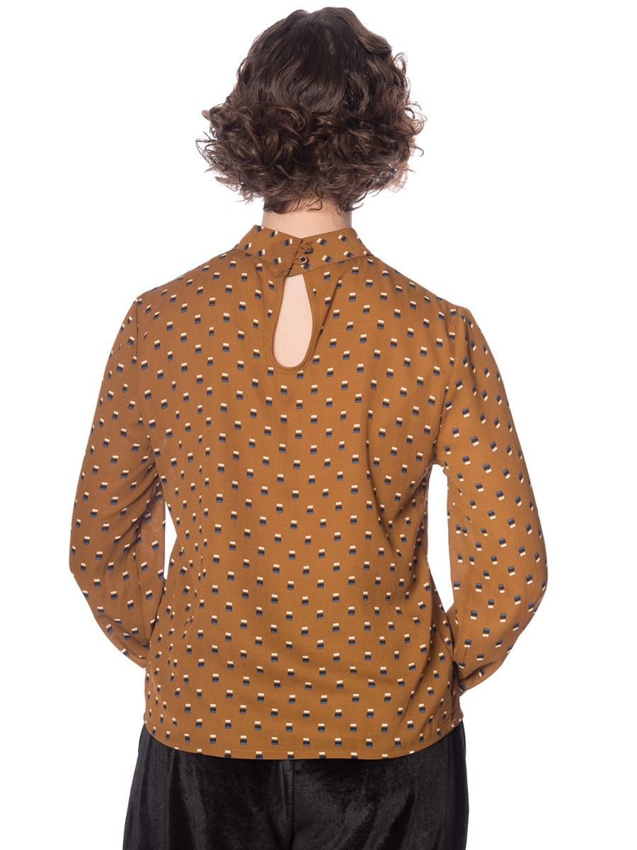 Banned Retro 20's Funnel High Neck Blouson Sleeve Vintage Top Brown 
