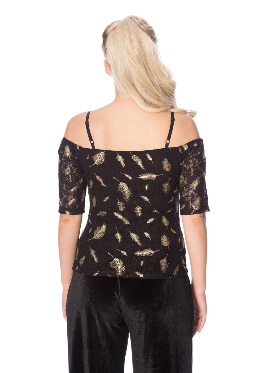 Banned Retro Sparkle Feather Gold Glitter Off Shoulder Vintage Bardot Top Black 