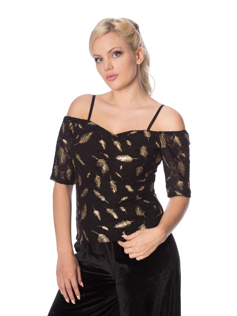 Banned Retro Sparkle Feather Gold Glitter Off Shoulder Vintage Bardot Top Black 
