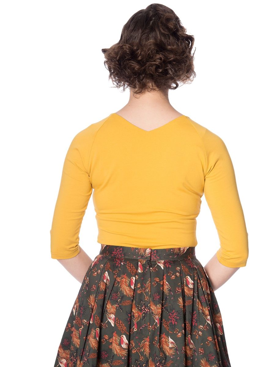 Banned Retro Cute & Classic Vintage V-Neck Jersey Top Mustard Yellow