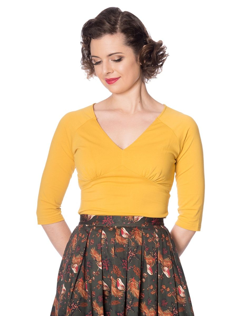 Banned Retro Cute & Classic Vintage V-Neck Jersey Top Mustard Yellow