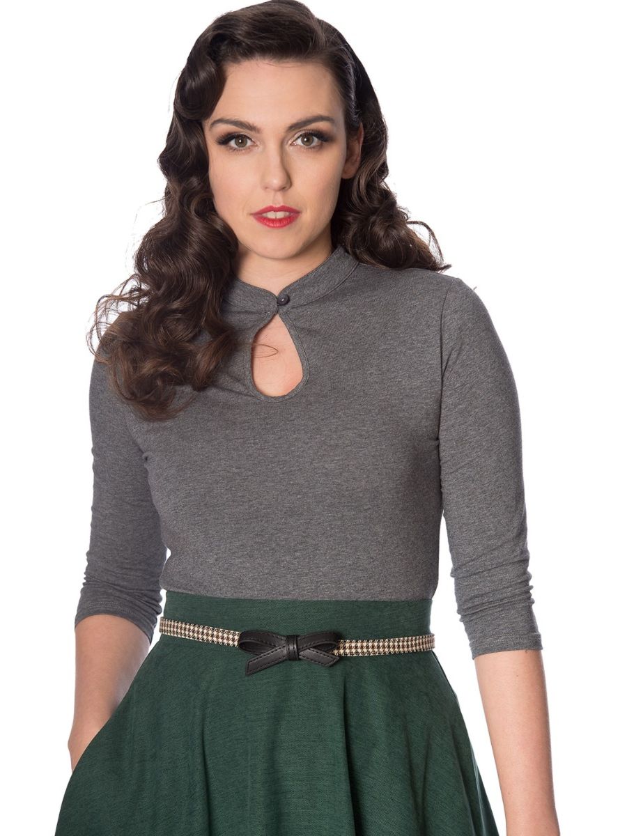 Banned Retro 1930's Emily Peek A Boo Mandarin Collar Keyhole Vintage Top Grey Mol