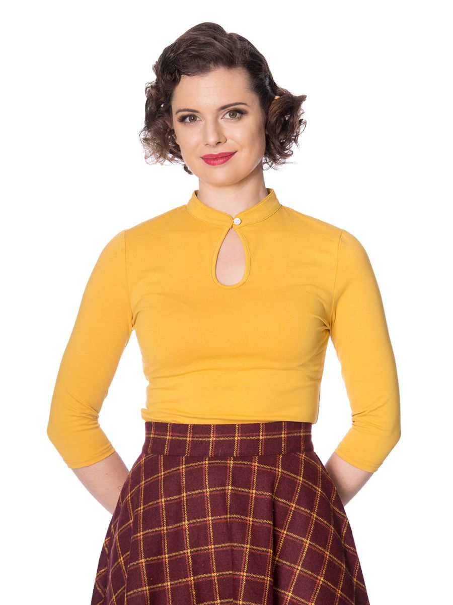 Banned Retro 1930's Emily Peek A Boo Mandarin Collar Keyhole Vintage Top Mustard