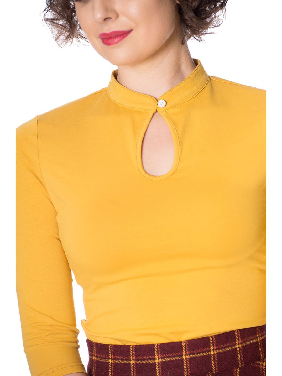 Banned Retro 1930's Emily Peek A Boo Mandarin Collar Keyhole Vintage Top Mustard