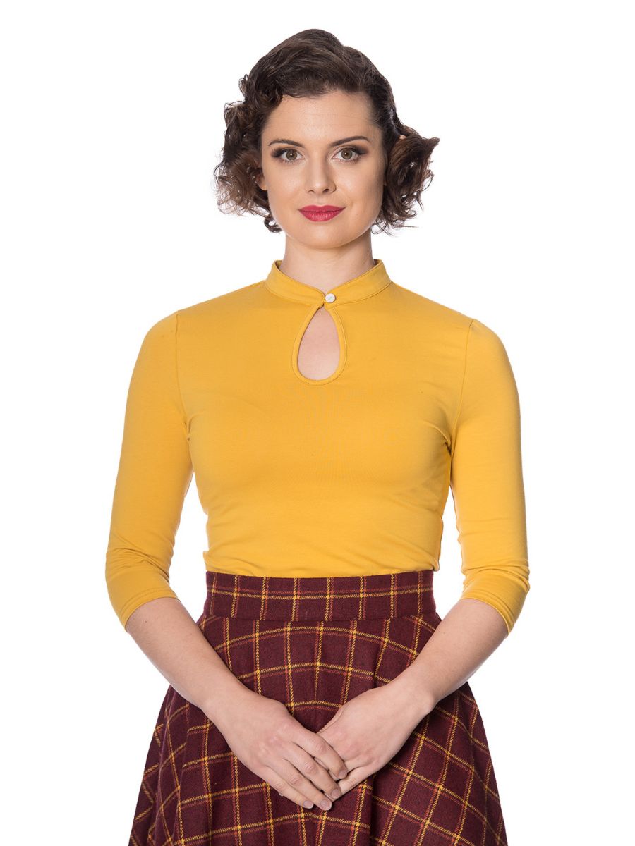 Banned Retro 1930's Emily Peek A Boo Mandarin Collar Keyhole Vintage Top Mustard