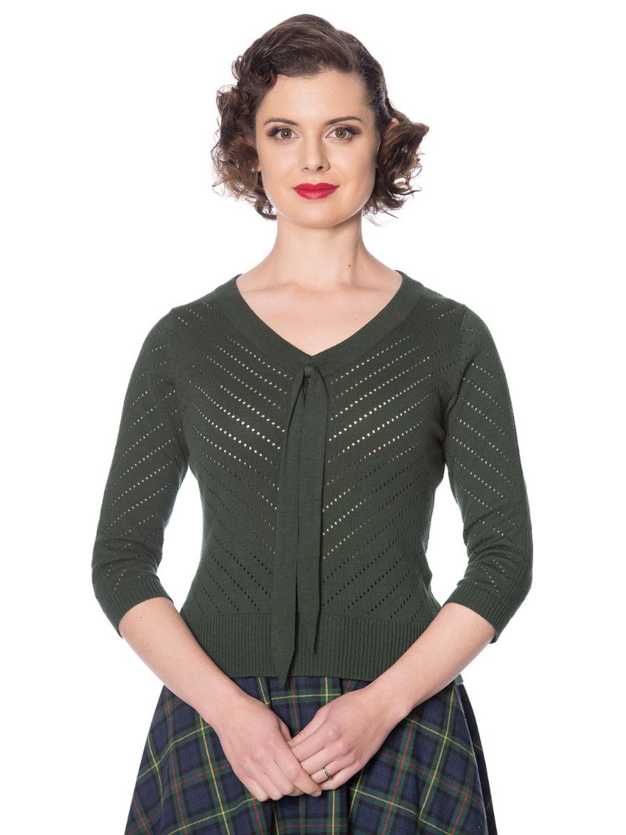 Banned Retro Charlie Chevron Perforated Vintage Knit Top Green