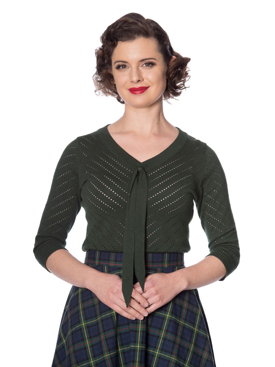 Banned Retro Charlie Chevron Perforated Vintage Knit Top Green