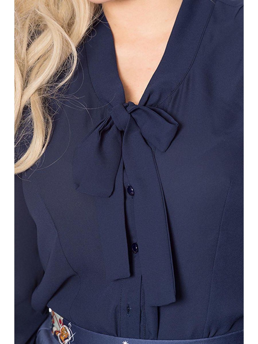 Banned Retro 1950's Perfect Pussy Bow Vintage Bell Sleeve Blouse Navy