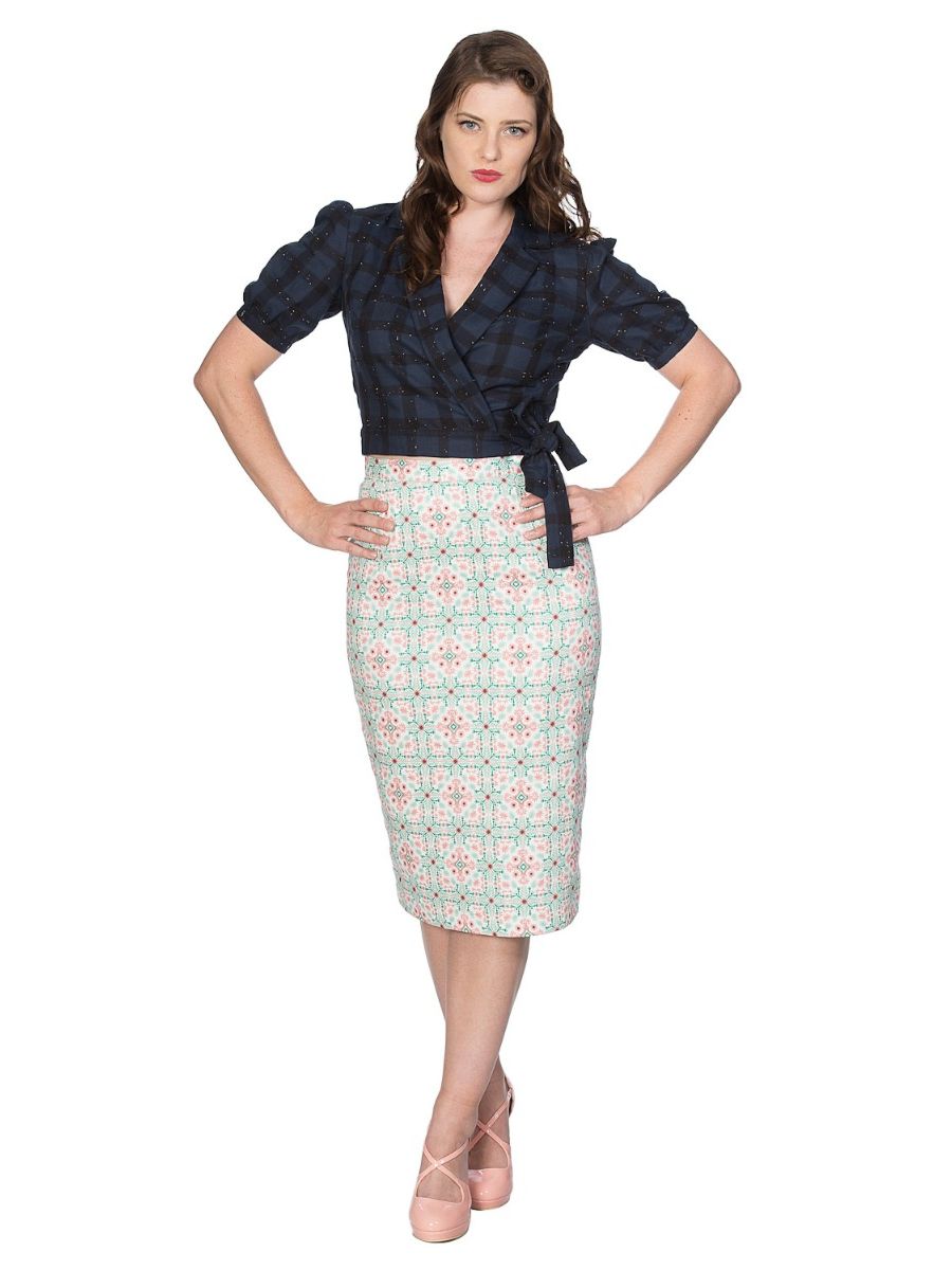 Banned Retro 1950's Seaside Picnic Wrap Check Crop Top Blouse Navy