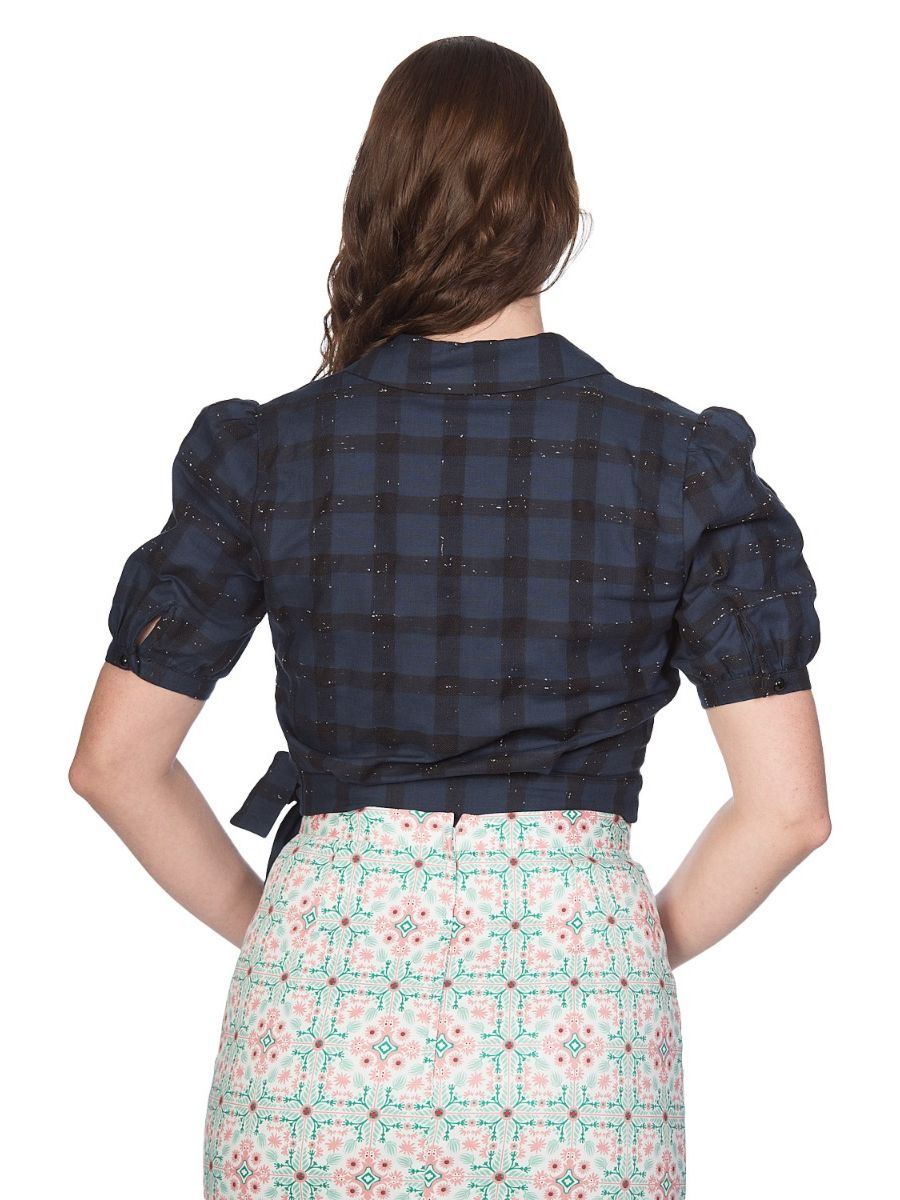 Banned Retro 1950's Seaside Picnic Wrap Check Crop Top Blouse Navy