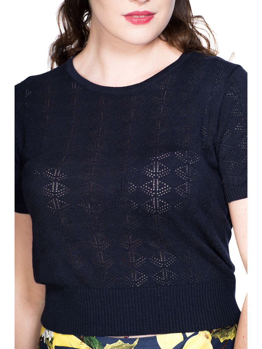 Banned Retro 1950's Nautical Pointelle Perforated Vintage Ruby Knit Top Blue