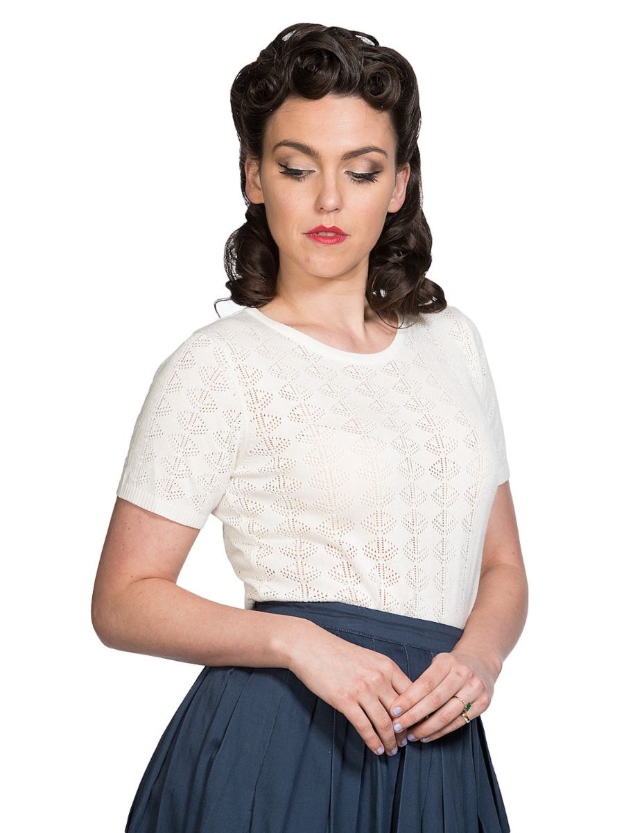 Banned Retro 1950's Nautical Pointelle Perforated Vintage Ruby Knit Top Cream
