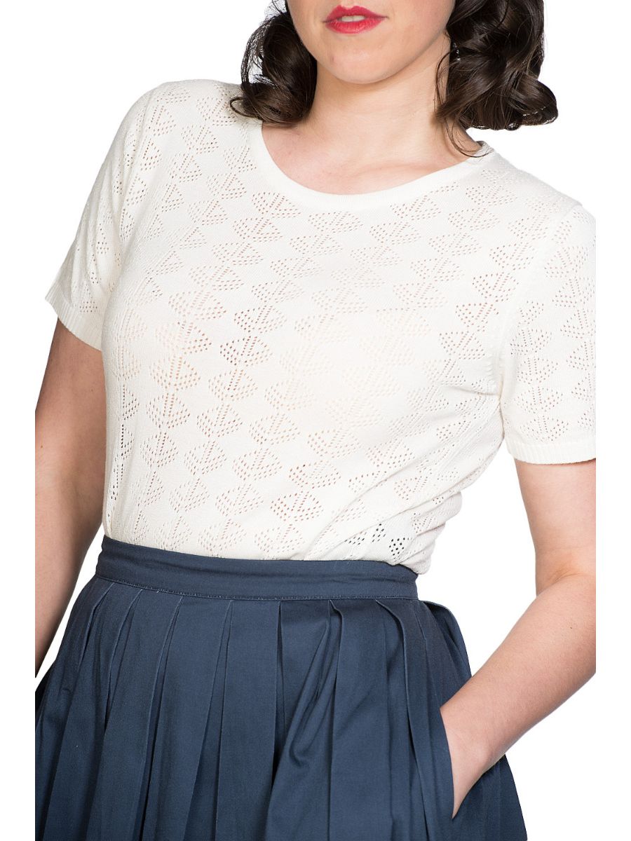Banned Retro 1950's Nautical Pointelle Perforated Vintage Ruby Knit Top Cream