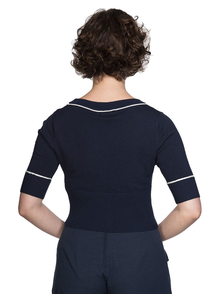 Banned Retro 1950's Summer Set Sail Cropped Knit Nautical Vintage Cardigan Navy