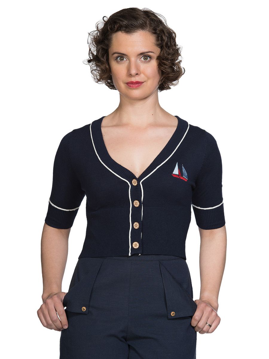 Banned Retro 1950's Summer Set Sail Cropped Knit Nautical Vintage Cardigan Navy